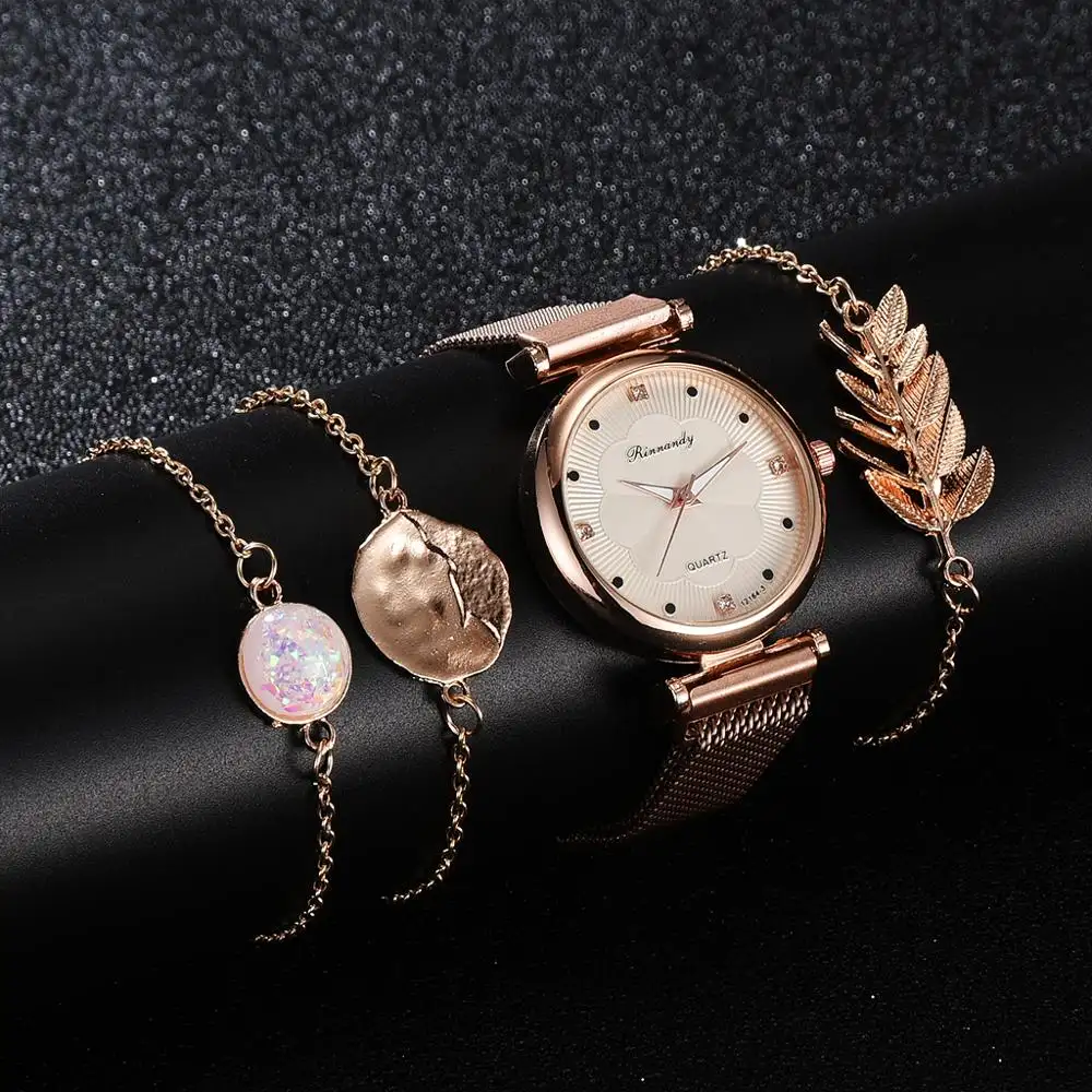 Luxury Set Watch Women Magnet Buckle Flower Women Watch Bracelet Rose Gold Rhinestone Dress Ladies Watch Gift Set montre Relogio