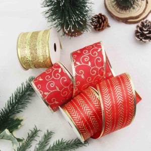 Toptan Noel Dekoratif Kırmızı Altın Grosgrein Saten Simli Telli Kurdele Makarası Ağaç Çelenkleri El Sanatları Süslemeleri için - Product Image 2