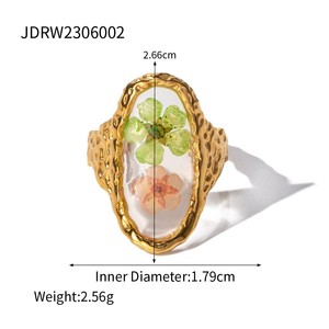 Bague INS Fashion haut de gamme en fleur de prunier stabilisée, plaquée or 18 carats, en acier inoxydable, avec fleur séchée en résine en forme de cœur - Product Image 6