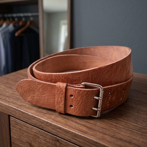 Brown Color Genuine Cow Hide Vintage <b>Belt</b> <b>with</b> Steel Rectangular <b>Buckle</b> Custom Brand Logo Printing Durable Solid Design <b>Men's</b> - Product Image 1