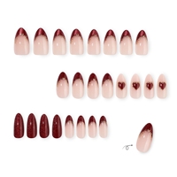Faux ongles à presser rouge bordeaux pailleté, effet œil de chat, motif cœur français, avec contour en feuille d'or, forme amande nude, pour le Nouvel An et les mariages, ongles éclatants