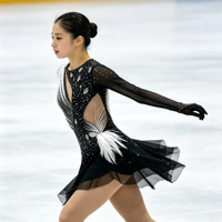 Robe de patinage artistique à manches longues contrastée noir et blanc, dos découpé, plumes et strass, pour filles et femmes adultes