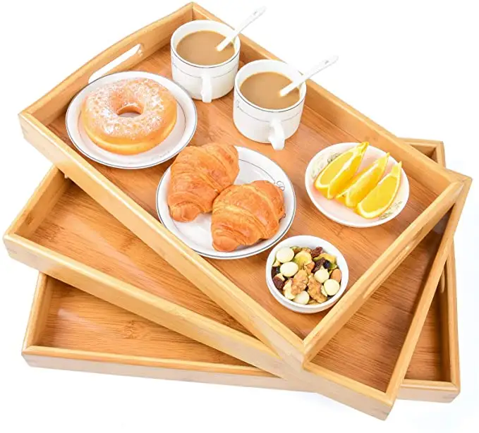 Bamboo 3 Pack Serving Tray Kitchen Food Tray with Handles Large Bamboo Serving Platters Tray Great for Dinners Table Breakfast