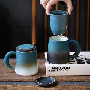 Tasse à <span class=keywords><strong>café</strong></span> en argile avec poignée en bois, tasse à <span class=keywords><strong>café</strong></span> vintage en céramique et grès avec infuseur à thé, <span class=keywords><strong>thermos</strong></span> rétro noir uni - Product Image 4