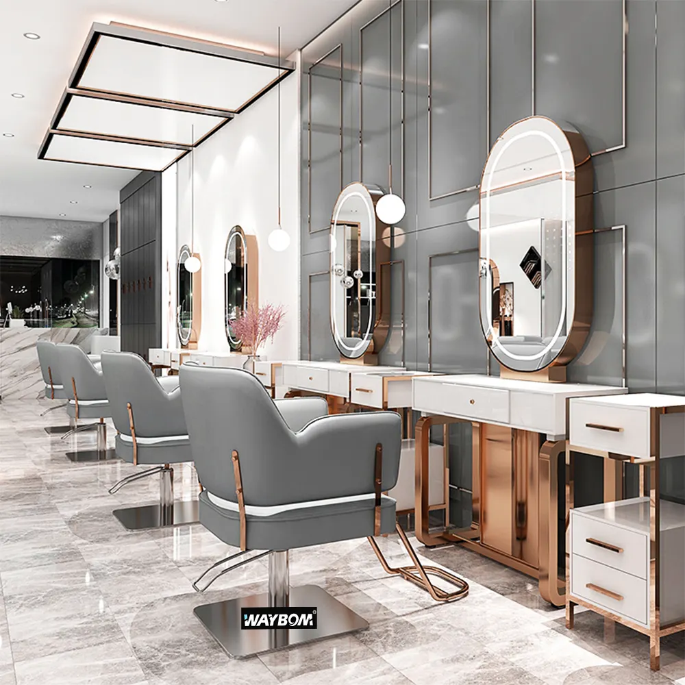 Salon Hairdressing Station Double Sided Barber Shop Salon Waiting Area Furniture Hairdressing Styling Desktop Mirror Stations With Led Light