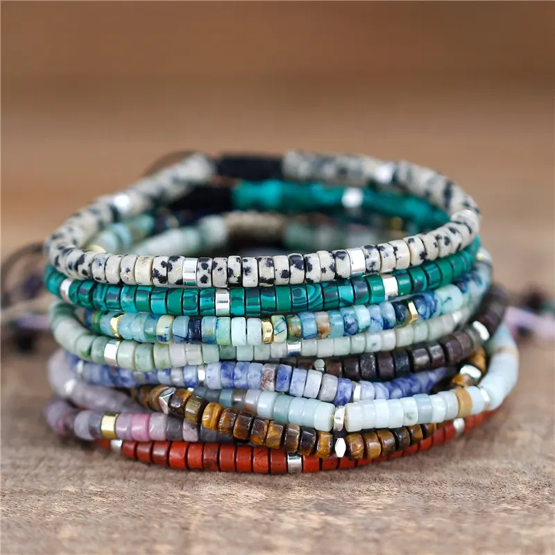 61 Couleurs Bohême 2x4mm Tuile Pierre Naturelle Perles Bracelet Réglable Stretch Tibétain Gemstone Dainty Bracelets Femmes En Gros