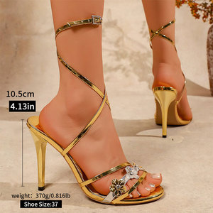Nuovo Design Sandali Sexy da Donna con Tacco Alto Sottile 10,5 cm, Decorati con Tre Fiori di <span class=keywords><strong>Prugna</strong></span> e Tomaia Diagonale MuY9819 - Product Image 4