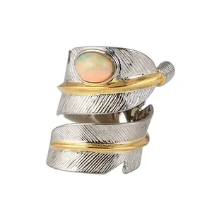 S925 cincin perak murni perhiasan perak asli mode berlapis emas Set bulu Opal cincin dapat disesuaikan untuk wanita
