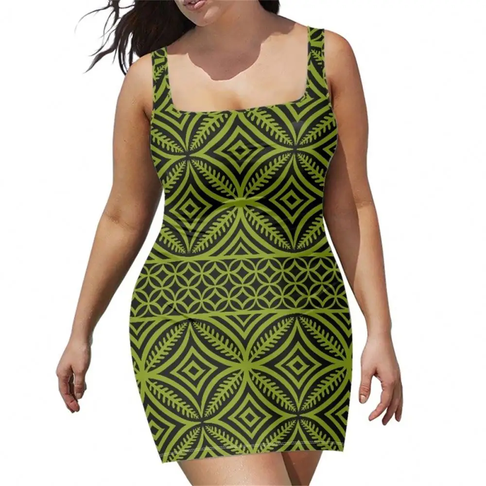 Samoan Fijian Beach Skirt Halter Summer Women's Plus Size Polynesian Hip Sexy Basic Sleeveless Belt Dress 2024
