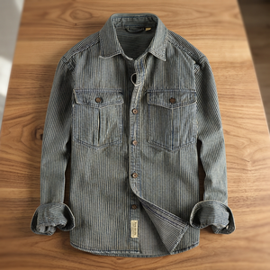 Fashion <b>Men's</b> Europe US Casual Shirt Coat Striped Fabric Washed <b>Old</b> Vintage Cargo Denim Gray Spring/Summer/Autumn - Product Image 3