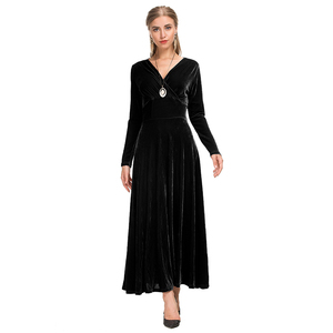 Las mujeres de baile de fiesta rojo vestido largo con cuello en V de manga completa falda alta cintura vestido de <span class=keywords><strong>terciopelo</strong></span> - Product Image 3