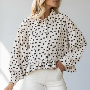 Camicetta da <span class=keywords><strong>Donna</strong></span> Personalizzata con Stampa a Pois, <span class=keywords><strong>Colletto</strong></span>, Bottoni Frontali, Maniche Lunghe e <span class=keywords><strong>Volant</strong></span>, Vestibilità Morbida - Produttore - Product Image 3