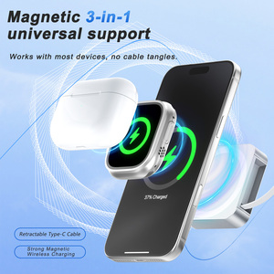 <span class=keywords><strong>Chargeur</strong></span> sans fil magnétique rétractable 3-en-1 15W à charge rapide, support de charge sans fil portable en métal avec câble Type-C intégré - Product Image 3