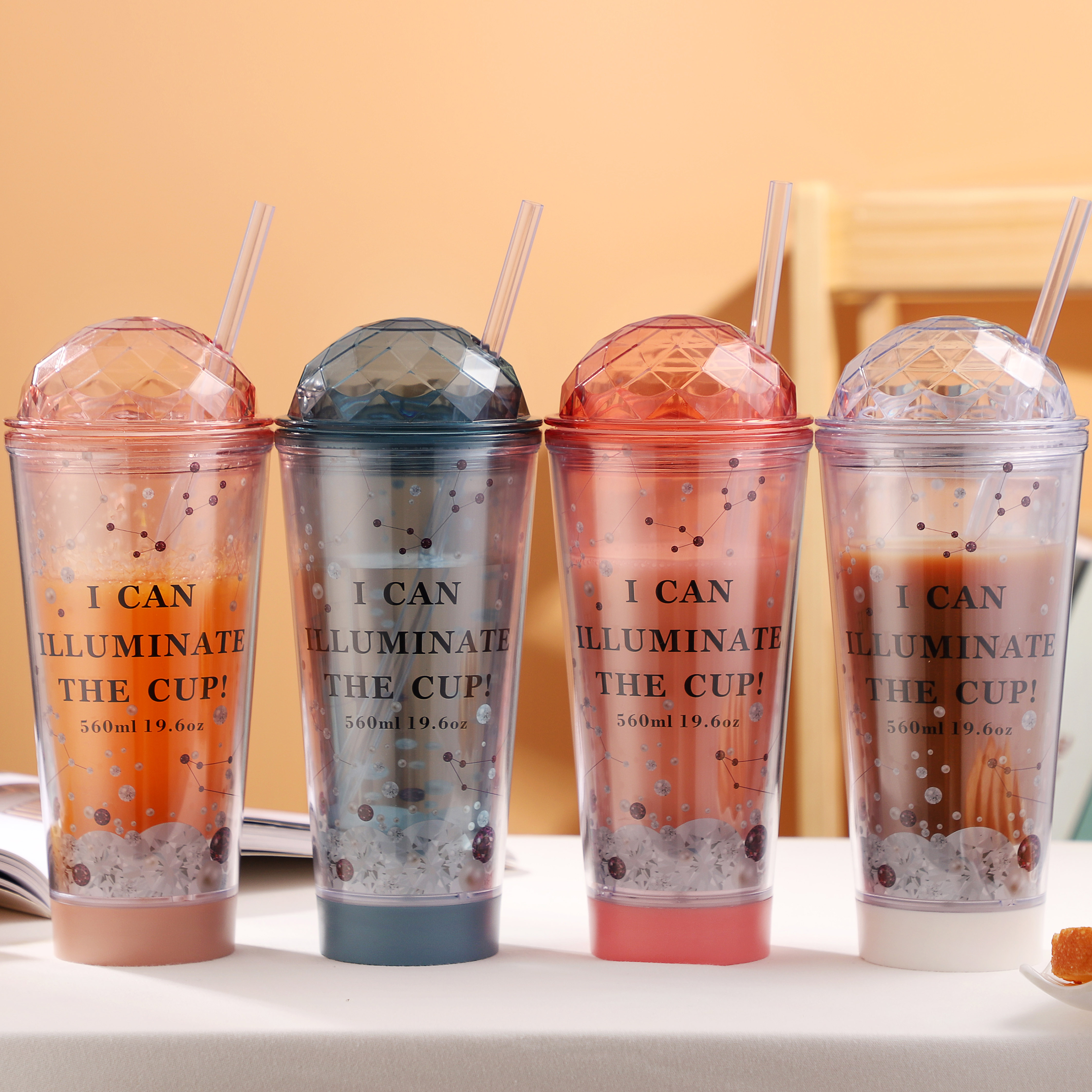 560 мл сверкающие двухслойные пластиковые чашки в форме алмаза с соломинкой 2020 новый дизайн подарок