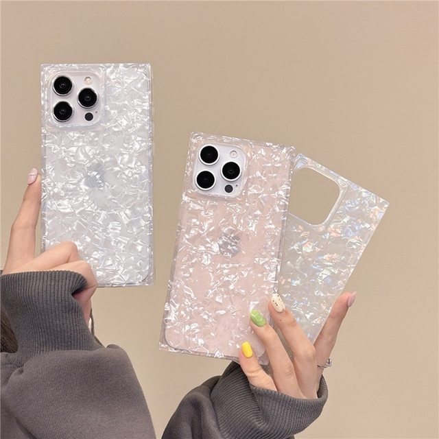 Luxury Square Shell Grain Case for IPhone 16 Pro Max 15 14 13 Pro Shockproof Bling Girls Phone Back Cover Soft TPU Cases