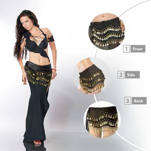 Sciarpa monodimensionale monodimensionale per danza del ventre con 128 monete d'oro stampata da palcoscenico da donna - Product Image 3