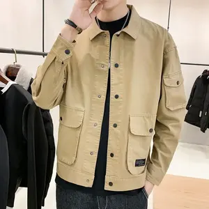 Chaqueta Bomber de Otoño para Hombre de Color <span class=keywords><strong>S</strong></span>ólido con Botonadura Sencilla Ropa de Abrigo Casual Estilo Harajuku Streetwear con Cuello Vuelto y Bolsillos Cargo - Product Image 2