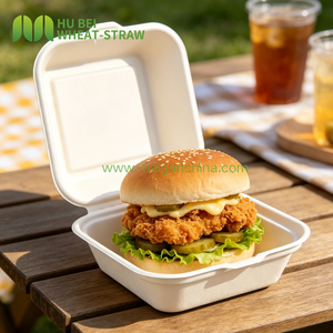持ち帰り用バガス製バーガー用クラムシェル型正方形6x6インチ使い捨てサトウキビ食品容器100%堆肥化可能OEM - Product Image 1