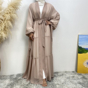 Latest Chiffon Abaya Lace up Cuff Gorgeously White Pearls <b>Cardigan</b> Muslim Women Kaftan Fashion Open Abaya 1964# - Product Image 5