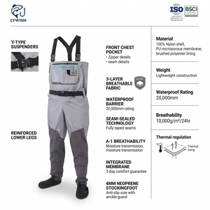 Cuissardes de pêche OEM personnalisées, imperméables, robustes, en tissu respirant 3 couches, avec pieds intégrés, pour la pêche en extérieur - Product Image 2
