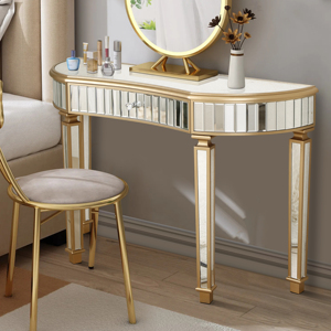 Half Moon <b>Mirrored</b> <b>Console</b> Table 47 In Fluted Glass Drawer Crystal Knob Vanity Desk For Bedroom Dressing Area - Product Image 2