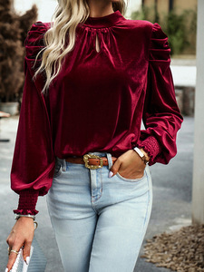 Chemisier en velours vintage uni pour femme, élégant, vert, automne-hiver, à manches longues, coupe décontractée, idéal pour le bureau - Product Image 5