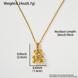 Collier fin à maillons en O en acier inoxydable 316L plaqué or 18 carats avec breloque en cristal rose en forme de cœur personnalisable et scintillante, motif ours en peluche - Product Image 6