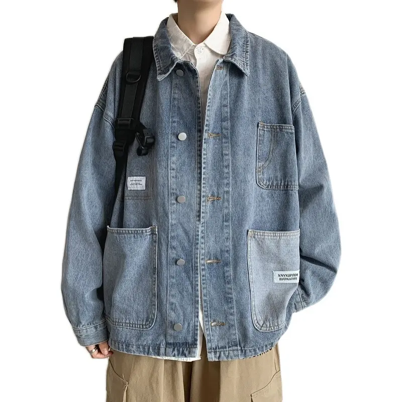 Custom spring men denim jacket casual slim long sleeve with multi pocket fashion classic light blue jackets with woven label