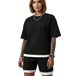 Ensemble short 2 pièces unisexe noir en tricot, col rond, manches courtes, coupe classique, couleur unie, décontracté, printemps-été, extensible, 95% coton - Product Image 1