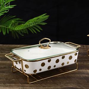 Plaques de cuisson rectangulaires en céramique avec couvercle en verre, de Style luxueux, 10/12/14 pouces, surdorées, chauffage des aliments - Product Image 4