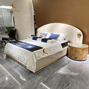 Luxurious Royal French European Style <b>Bedroom</b> Set Real Leather Gold Leaf Burl Wood Headboard Bed Furniture - Product Image 3