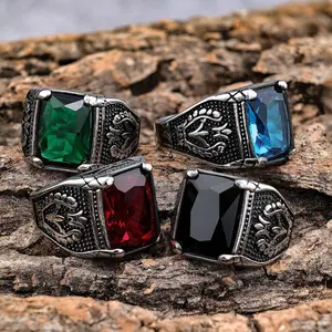 Vintage Ottoman Style Men Ring Jewelry Stainless Steel Handmade Turkish Squared Green Cubic Zirconia Stone Ring