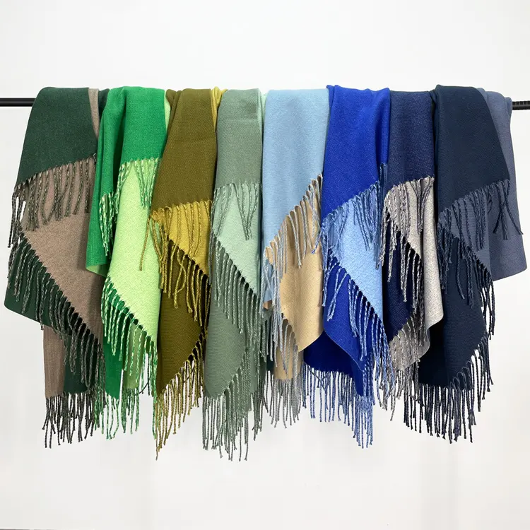 Designers fashion double sided premium faux wool cashmere scarf pashmina warm poncho fringe rayon kashmiri neck shawls for women