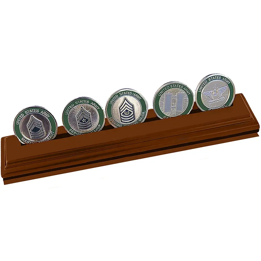 Suporte de moedas militar para armário, exibição de prateleira de madeira