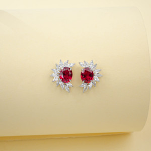 925 Silver 8x10mm Oveal Lab Ruby <b>Stud</b> <b>Earrings</b> Sterling Silver Lab-Grown Ruby Halo <b>Stud</b> <b>Earrings</b> - Product Image 3