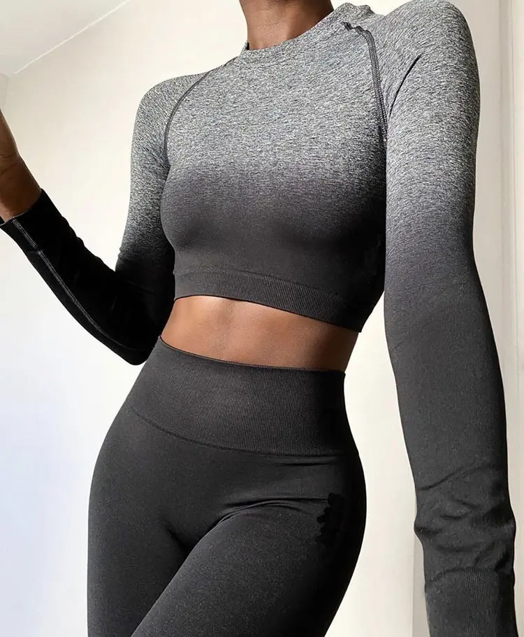 Yoga Workout Dip Dye Gradient Long Sleeve Shirt Leggings Set Gym Sports Fitness Pants Suit For Women