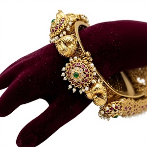 Beautiful <b>Gold</b> Plated <b>Bangle</b> Bracelet <b>Set</b> With Pearls And Zircon Stones Vintage Style For Women Wedding Party Jewelry - Product Image 2