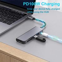 Adaptador de Carga de Aleación de Aluminio 6 en 1 Tipo C HDTV 4K/SD/TF, Lector de Tarjetas USB 3.0 y USB 2.0, Conexión USB-C 100W para Computadora a Pantalla