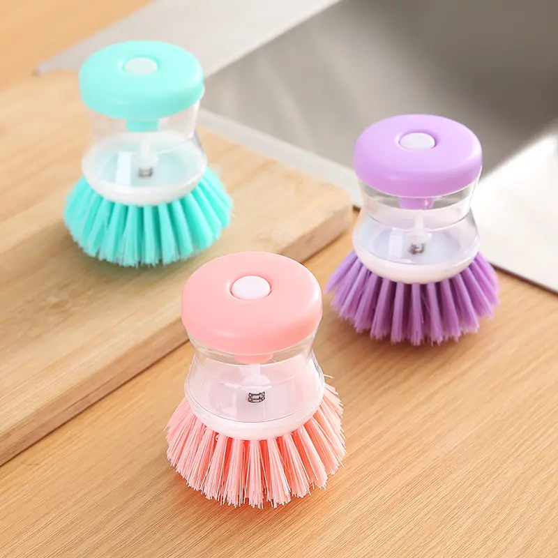 Low MOQ Kitchen palm Cleaning Tools Brush Plastic Liquid Soap Dispenser Pot Dish Cleaning Brush