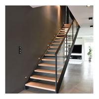 Escalier en bois massif de chêne rouge américain moderne de haute qualité avec garde-corps en verre, design à double poutre pour appartement, usage intérieur, écologique