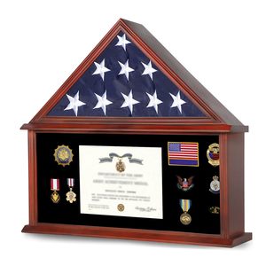 <span class=keywords><strong>Vitrine</strong></span> en bois massif avec <span class=keywords><strong>verre</strong></span> trempé - Boîte à drapeau en acajou pour drapeau plié de 5'x9.5' et support pour certificat - Product Image 1