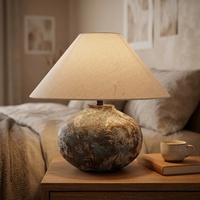 Lampe de table en céramique avec abat-jour en tissu et motif dessiné à la main, objets décoratifs pour le salon