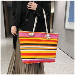 Wholesale Summer Travel Women Striped <b>Canvas</b> Medium <b>Beach</b> Tote Bags Custom Fashion Vintage Shoulder with Rope Handles Gift - Product Image 4