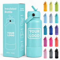 Bouteille d'eau isotherme en acier inoxydable avec logo personnalisé, 18 oz et 32 oz, pour la gym et le sport, avec fond en silicone et paille rabattable