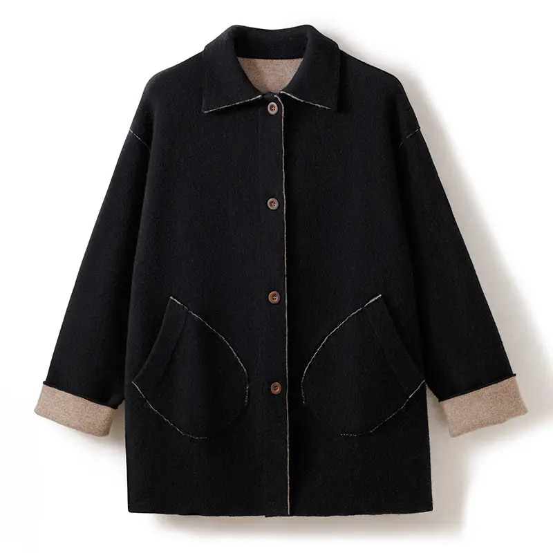 Wholesale High Quality Long Cashmere Overcoat Woman Winter Long Woolen Coat Vintage cashmere jacket with square collar