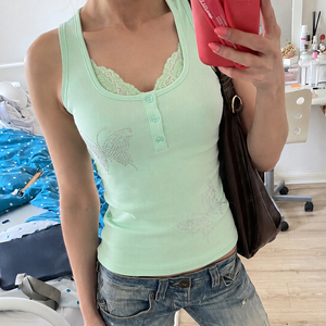 Y2K Butterfly Rhinestone Lace <b>Patchwork</b> Vest Women's Sleeveless Knit <b>Top</b> Button Front Streetwear Casual Fashion - Product Image 4