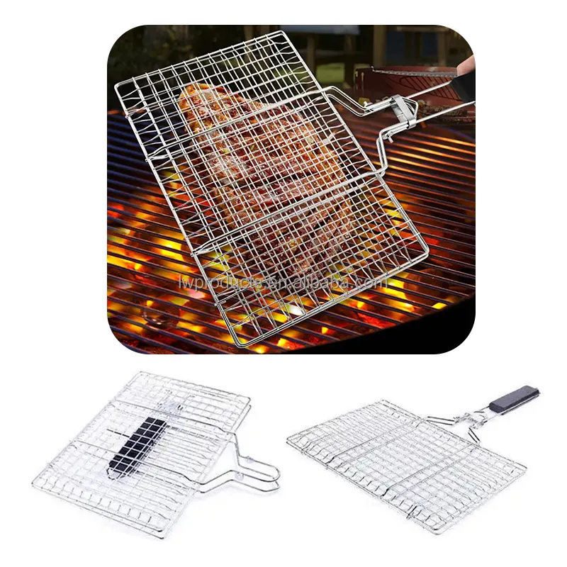 Outdoor Folding BBQ Accessories Camping Grill Mesh Net Rack Charcoal Barbecue Clip with Removable Wood Handle