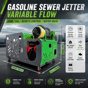 Hidrolavadora a Gasolina de 40 HP y 200 Bares, 84 L/min, con Control Remoto, para Limpieza de Drenajes, Ideal para Contratistas, Proporciona un Agua Potente - Product Image 3