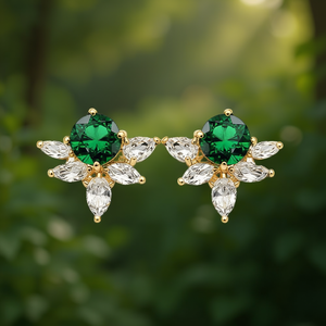 Orecchini a perno placcati oro a forma di fiore con strass di cristallo verde taglio marquise per donna, gioielli romantici da festa - Product Image 2