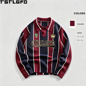 Pull Polo Rayé OEM/ODM Lourd Brodé Style Universitaire Vintage Tricoté Streetwear Vente en Gros - Product Image 2